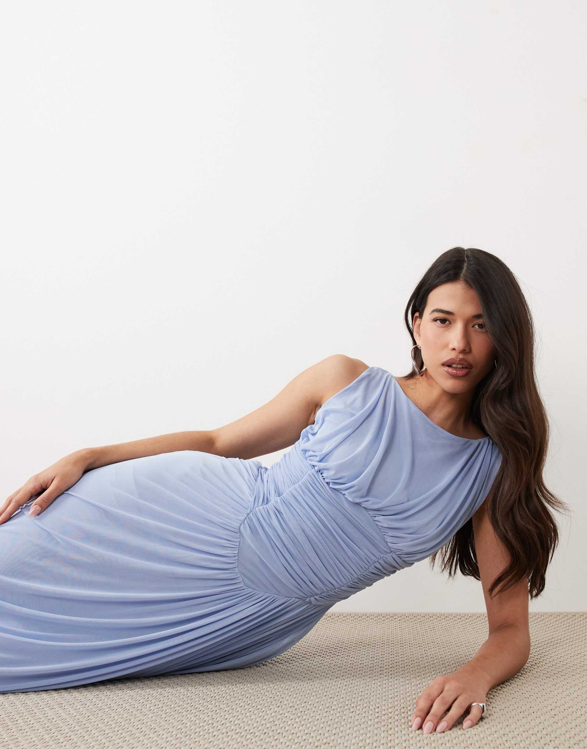 asos design mesh slash neck asymmetric bubble hem dress in baby blue