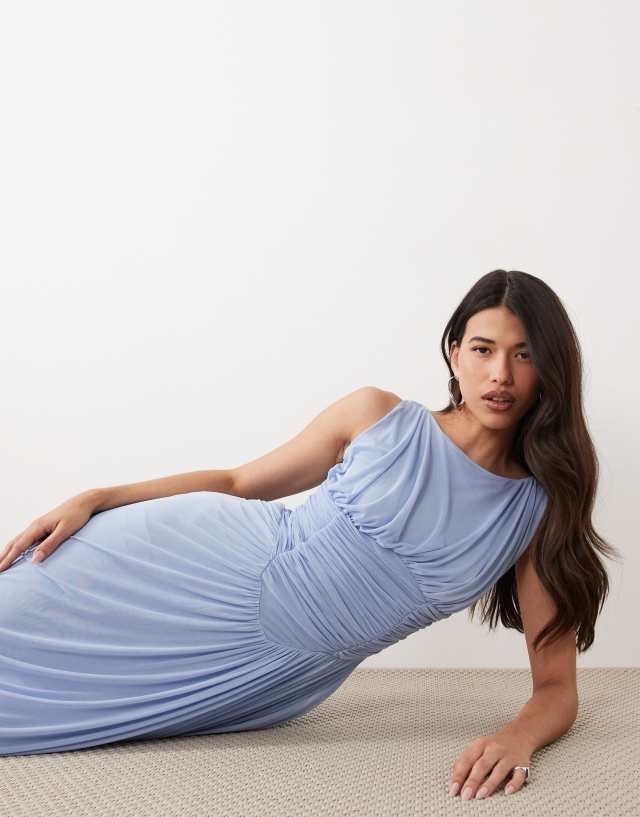 ASOS DESIGN mesh slash neck asymmetric bubble hem dress in baby blue