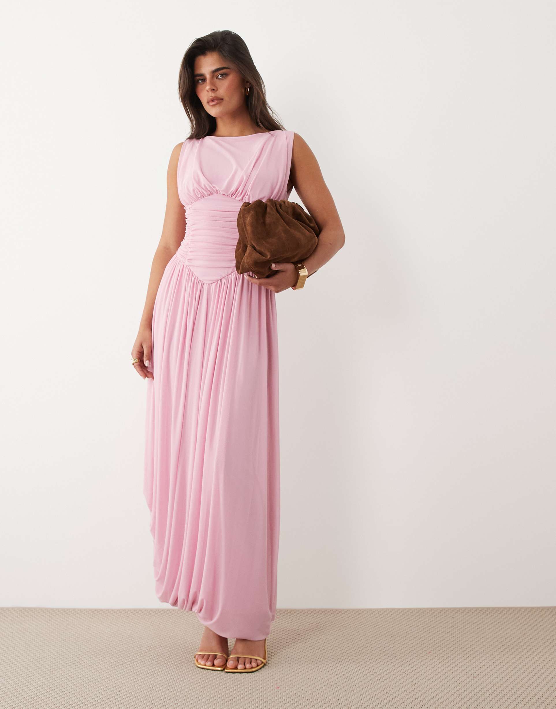 asos design mesh slash neck asymmetric bubble hem maxi dress in pink