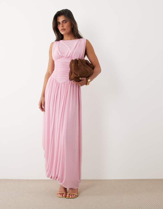 ASOS DESIGN mesh slash neck asymmetric bubble hem maxi dress in pink