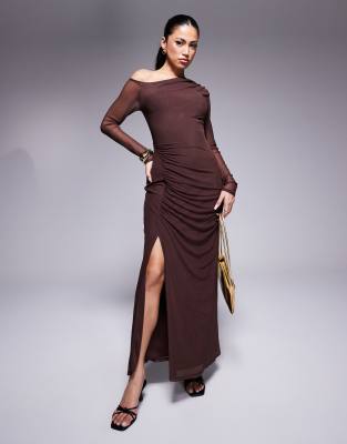 mesh slash neck long sleeve ruched midi dress in chocolate-Brown