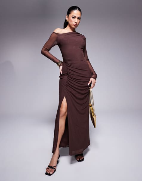 ASOS DESIGN mesh slash neck long sleeve ruched midi dress in chocolate - view 1