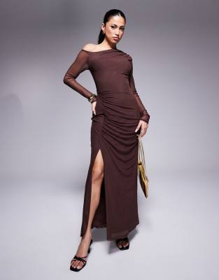 asos design mesh slash neck long sleeve ruched midi dress in chocolate