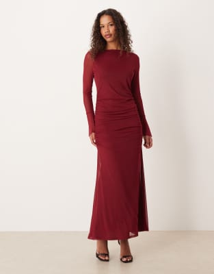 ASOS DESIGN mesh slash neck open back maxi dress with full cuffed sleeves in burgundy-Red