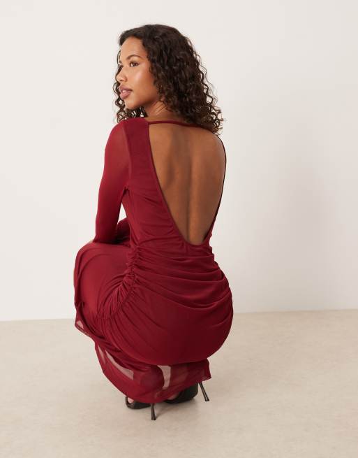 ASOS DESIGN mesh slash neck open back maxi dress with full cuffed sleeves in burgundy