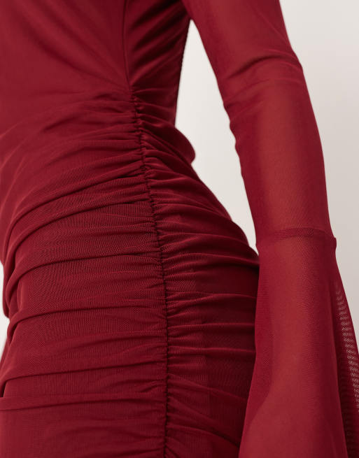 ASOS DESIGN mesh slash neck open back maxi dress with full cuffed sleeves in burgundy