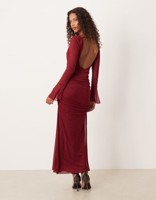 ASOS DESIGN mesh slash neck open back maxi dress with full cuffed sleeves in burgundy