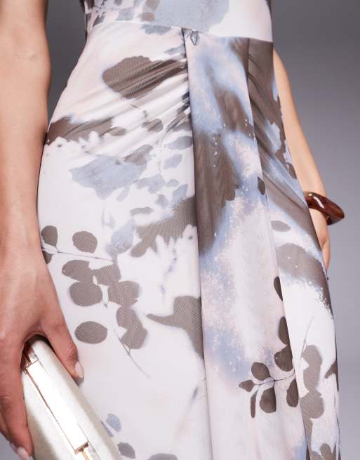 ASOS DESIGN mesh slash neck open back midi dress with sash detail in abstract floral print, 2 of 4