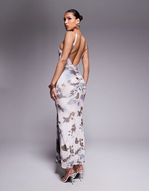 ASOS DESIGN mesh slash neck open back midi dress with sash detail in abstract floral print, 3 of 4