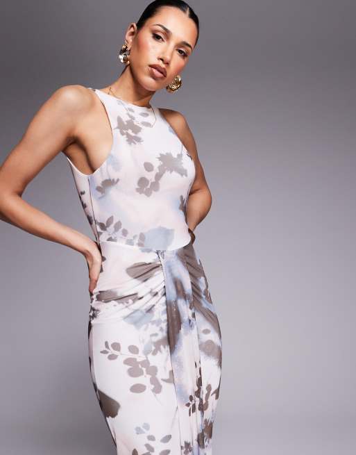 bodycon mini party dresses Brown Draped High Neck Bodycon Mini Dress with Sashes