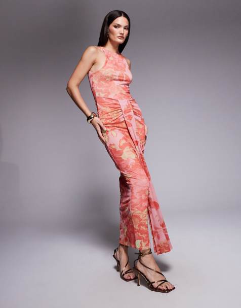 ASOS DESIGN mesh slash neck open back midi dress with sash detail in pink floral print - view 1