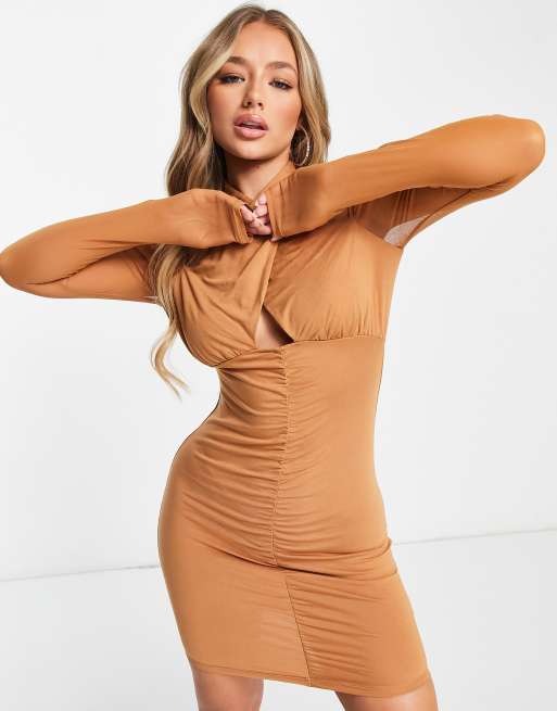 Tan long 2025 sleeve dress