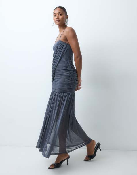 ASOS DESIGN mesh sleeveless asymmetric drape maxi dress in charcoal