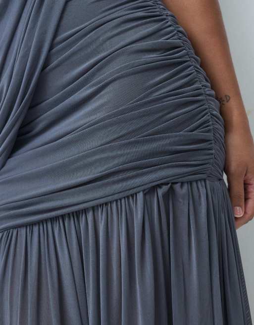 ASOS DESIGN mesh sleeveless asymmetric drape maxi dress in charcoal, 5 of 5