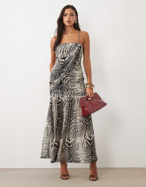ASOS DESIGN mesh sleeveless asymmetric drape maxi dress in zebra print - view 1