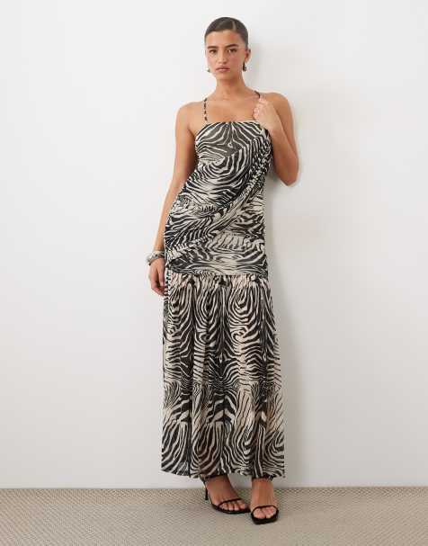 ASOS DESIGN mesh sleeveless asymmetric drape maxi dress in zebra print