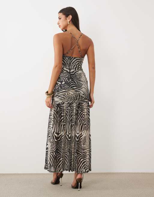 ASOS DESIGN mesh sleeveless asymmetric drape maxi dress in zebra print, 3 of 4