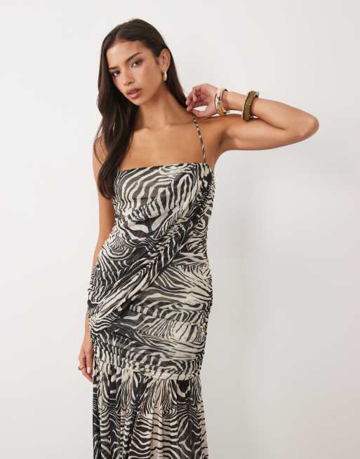 ASOS DESIGN mesh sleeveless asymmetric drape maxi dress in zebra print, 4 of 4