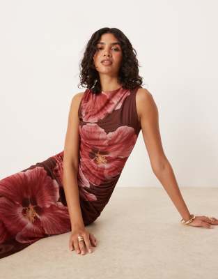 Asos Design Mesh Sleeveless Column Dress With Side Slit In Multi
