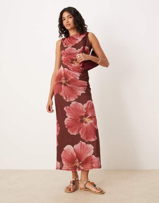 ASOS DESIGN mesh sleeveless column dress with side split in large pink floral - MULTI