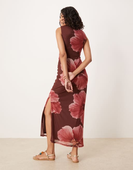 ASOS DESIGN mesh sleeveless column midi dress with side split in large pink  floral | ASOS