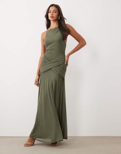 ASOS DESIGN mesh sleeveless godet maxi dress with twist front detail in khaki - view 1