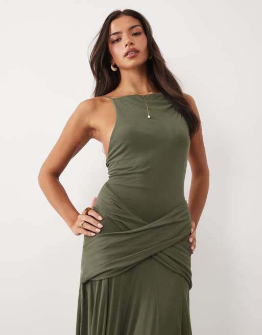 ASOS DESIGN mesh sleeveless godet maxi dress with twist front detail in khaki, 2 of 4