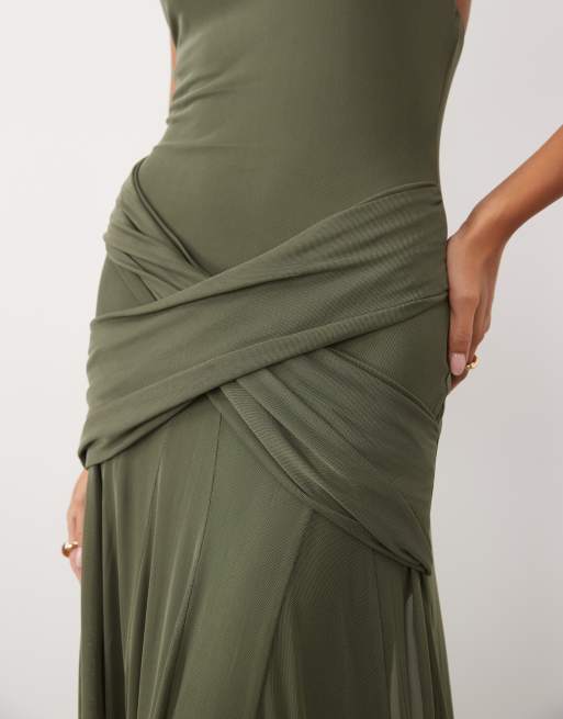 ASOS DESIGN mesh sleeveless godet maxi dress with twist front detail in khaki, 3 of 4