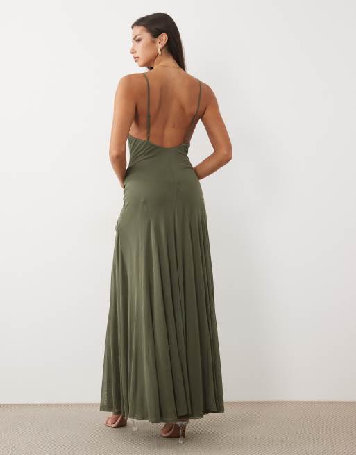 ASOS DESIGN mesh sleeveless godet maxi dress with twist front detail in khaki, 4 of 4