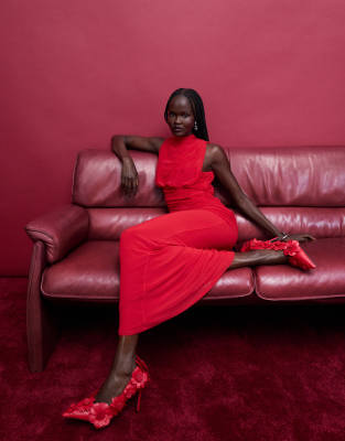Asos Design Mesh Sleeveless High Neck Maxi Dress With Sculpting Gauged Panel In Red