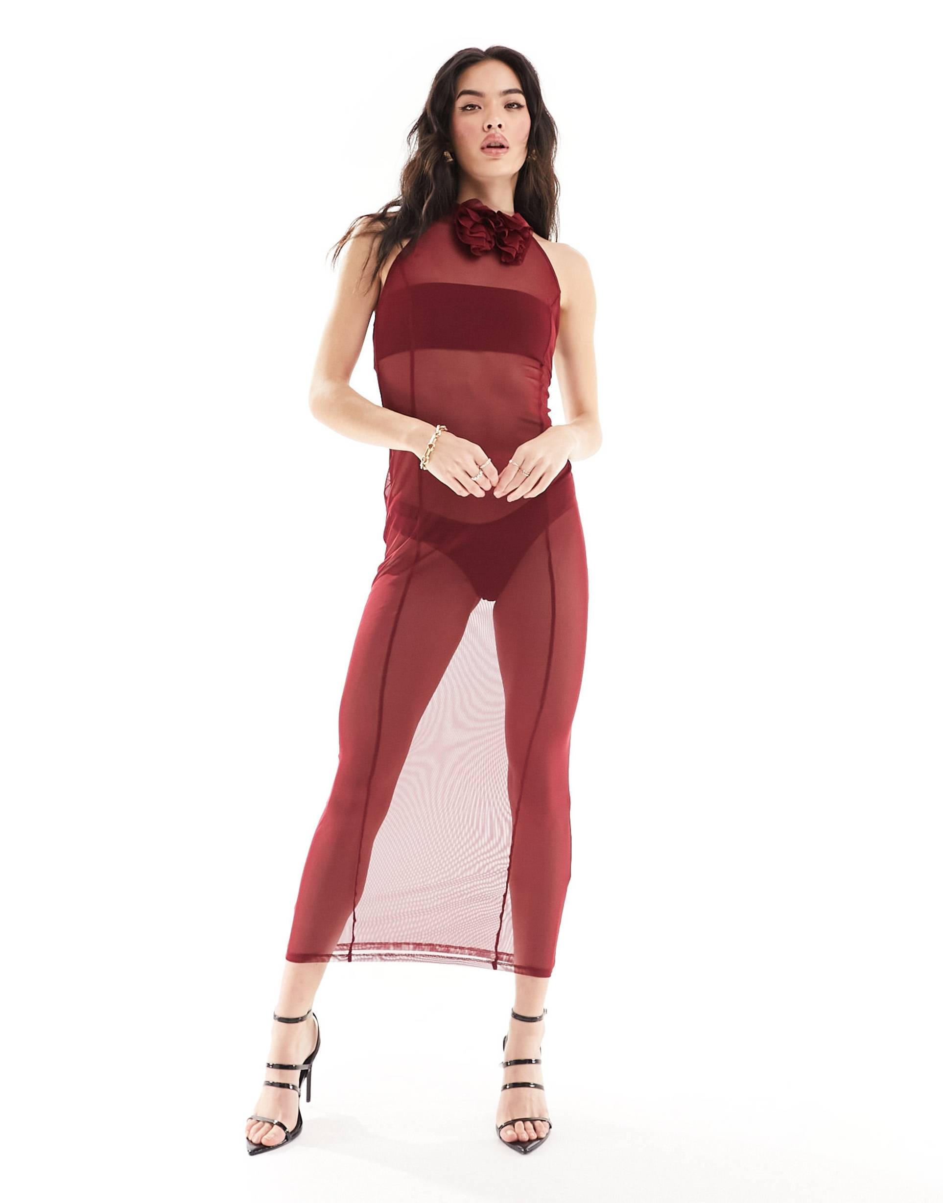 asos design mesh sleeveless maxi dress with corsage in oxblood