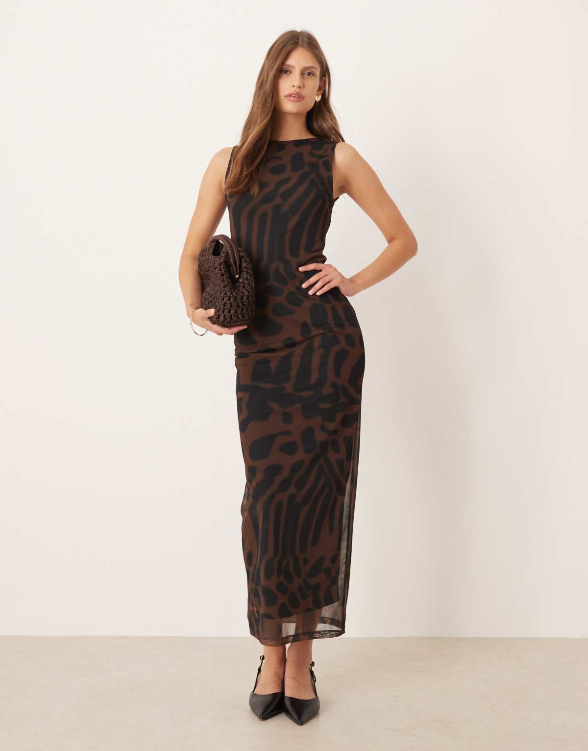 ASOS DESIGN mesh sleeveless midi dress in brown animal print