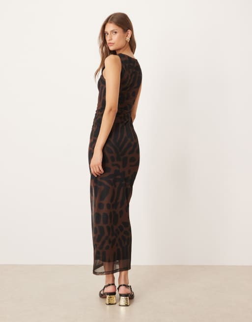 ASOS DESIGN mesh sleeveless midi dress in brown animal print, 3 of 4