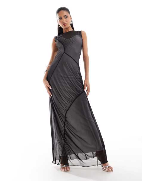 ASOS DESIGN mesh sleeveless ruched detail maxi dress in black - view 1