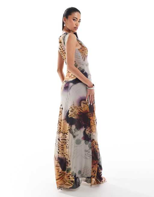 ASOS DESIGN mesh sleeveless ruched detail maxi dress in leopard floral print, 2 of 4