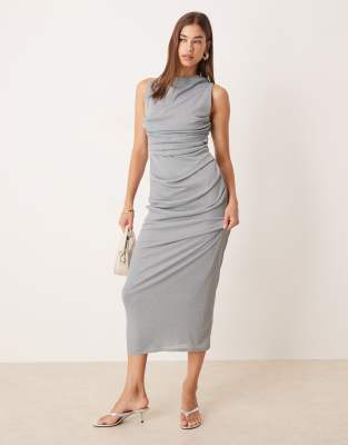 mesh sleeveless ruched midi dress in gray-Multi