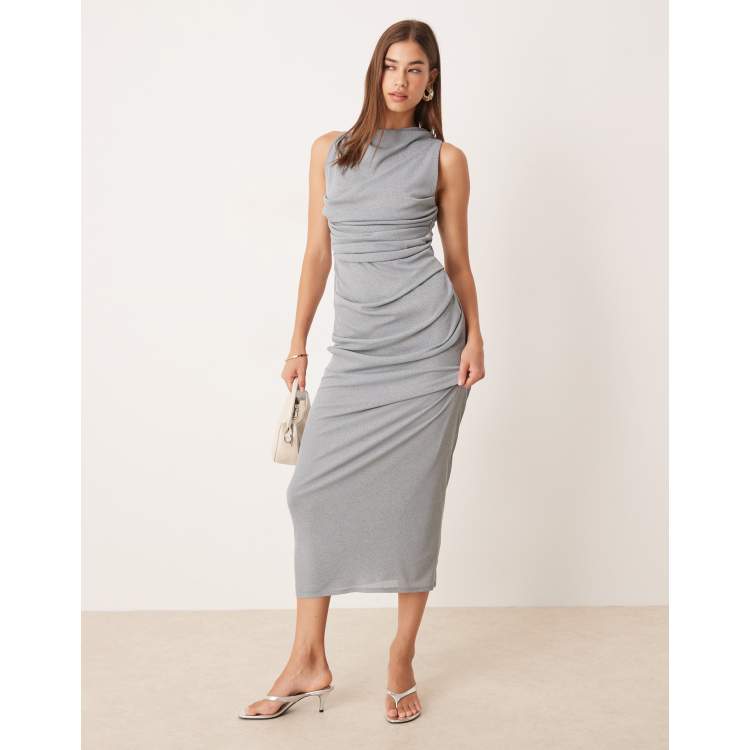 grey midi dress asos DESIGN mesh sleeveless ruched in gray 2024 prom dress purple
