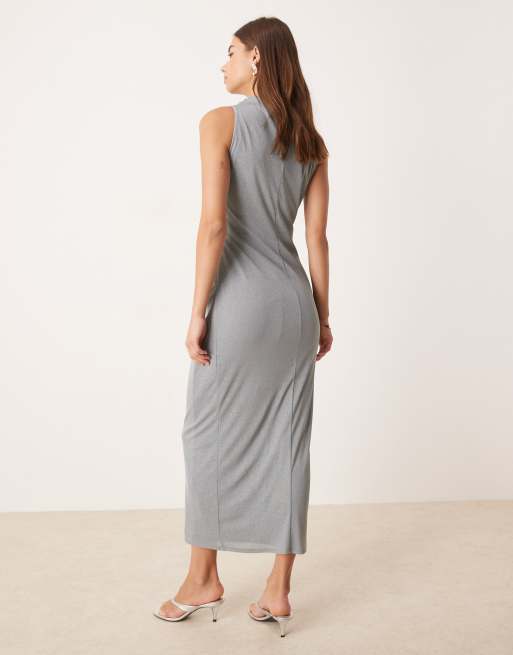 ASOS DESIGN mesh sleeveless ruched midi dress in grey, 4 of 4