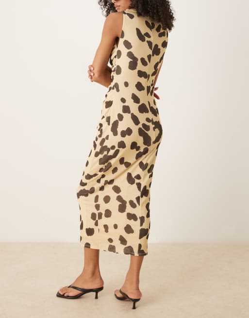 ASOS DESIGN mesh sleeveless ruched midi dress in neutral spot, 3 of 4