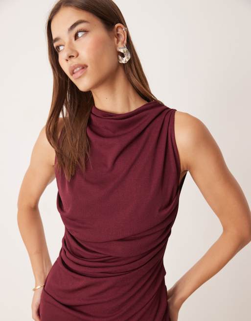 ASOS DESIGN mesh sleeveless ruched midi dress in plum