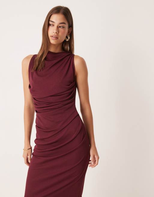 ASOS DESIGN mesh sleeveless ruched midi dress in plum