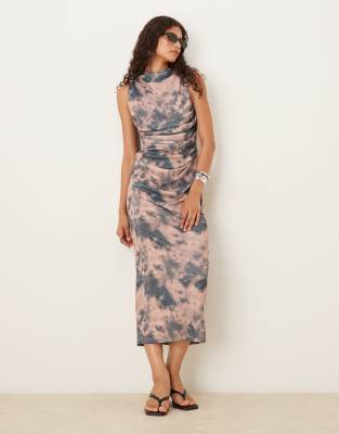 ASOS DESIGN mesh sleeveless ruched midi dress in smudge print - view 1