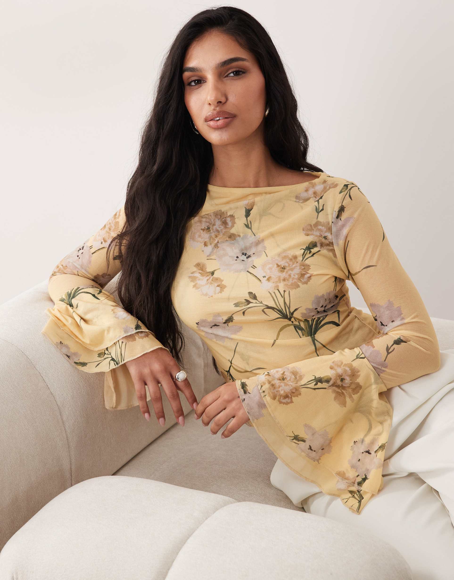 asos design mesh slinky long sleeve top with flare sleeve detailing in yellow floral