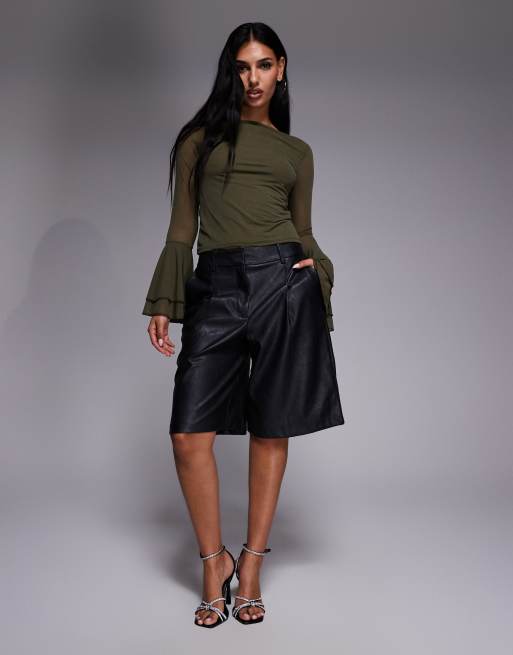 ASOS DESIGN mesh slinky long sleeve top with flared sleeve detail in khaki, 2 of 4
