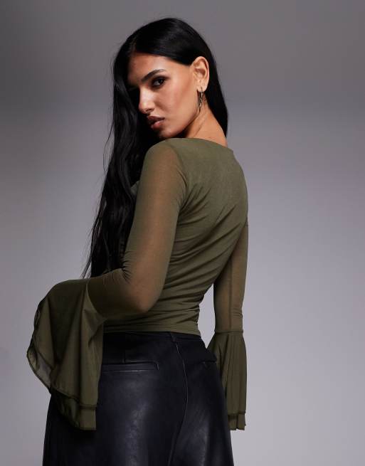 ASOS DESIGN mesh slinky long sleeve top with flared sleeve detail in khaki, 4 of 4