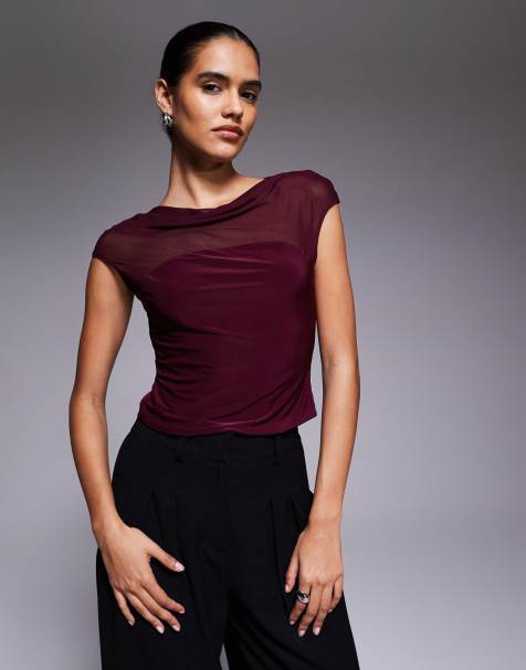 ASOS DESIGN mesh slinky mix slash neck top in berry - view 1