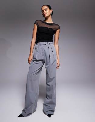 Asos Design Mesh Slinky Mix Slash Neck Top In Black