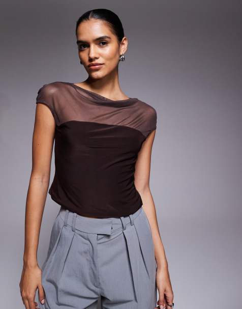 ASOS DESIGN mesh slinky mix slash neck top in chocolate - view 1