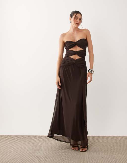 ASOS DESIGN mesh slinky twist bust bandeau maxi dress in chocolate, 2 of 4