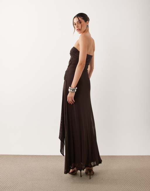 ASOS DESIGN mesh slinky twist bust bandeau maxi dress in chocolate, 4 of 4
